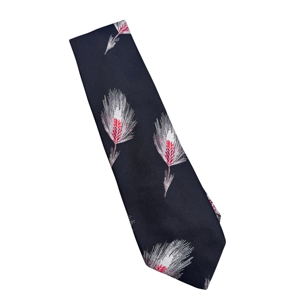 Yves Saint Laurent Paris vtg Mens Silk Tie Black Silver Red Feather Pattern YSL